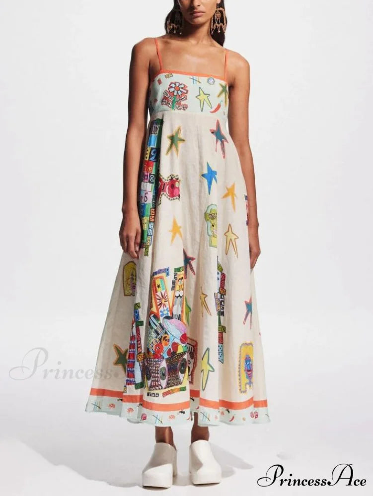 Unique Graffiti Print Suspenders Graceful Long Swing Midi Dress