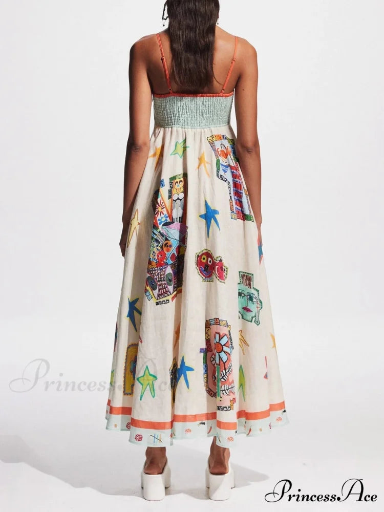 Unique Graffiti Print Suspenders Graceful Long Swing Midi Dress