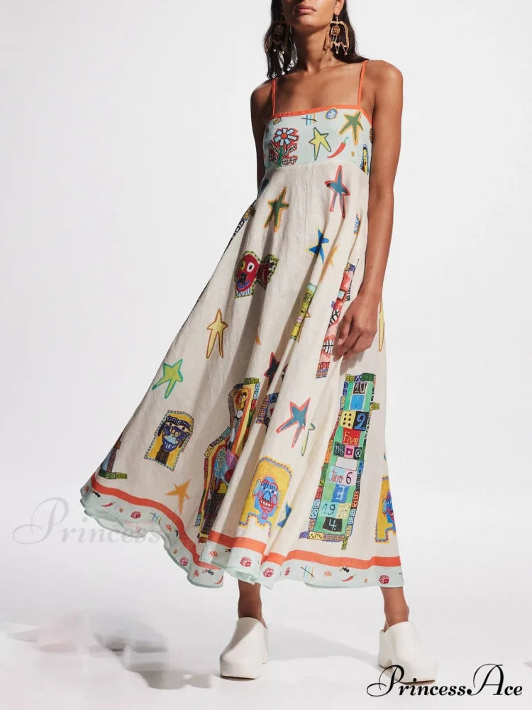 Unique Graffiti Print Suspenders Graceful Long Swing Midi Dress