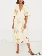 Unique Holiday Folk Floral Graceful Print Puff Sleeve Midi Dress