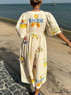 Unique Holiday Folk Floral Graceful Print Puff Sleeve Midi Dress