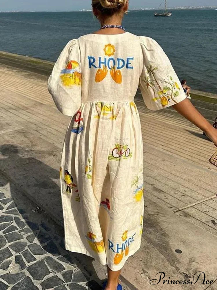 Unique Holiday Folk Floral Graceful Print Puff Sleeve Midi Dress