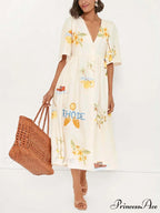 Unique Holiday Folk Floral Graceful Print Puff Sleeve Midi Dress