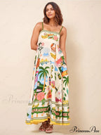 Unique Holiday Print Smocked Graceful Back Pocket Maxi Dress