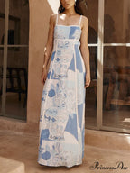 Unique Lace Patchwork Printed Back Trendy Tie Halter Flare Maxi Dresses