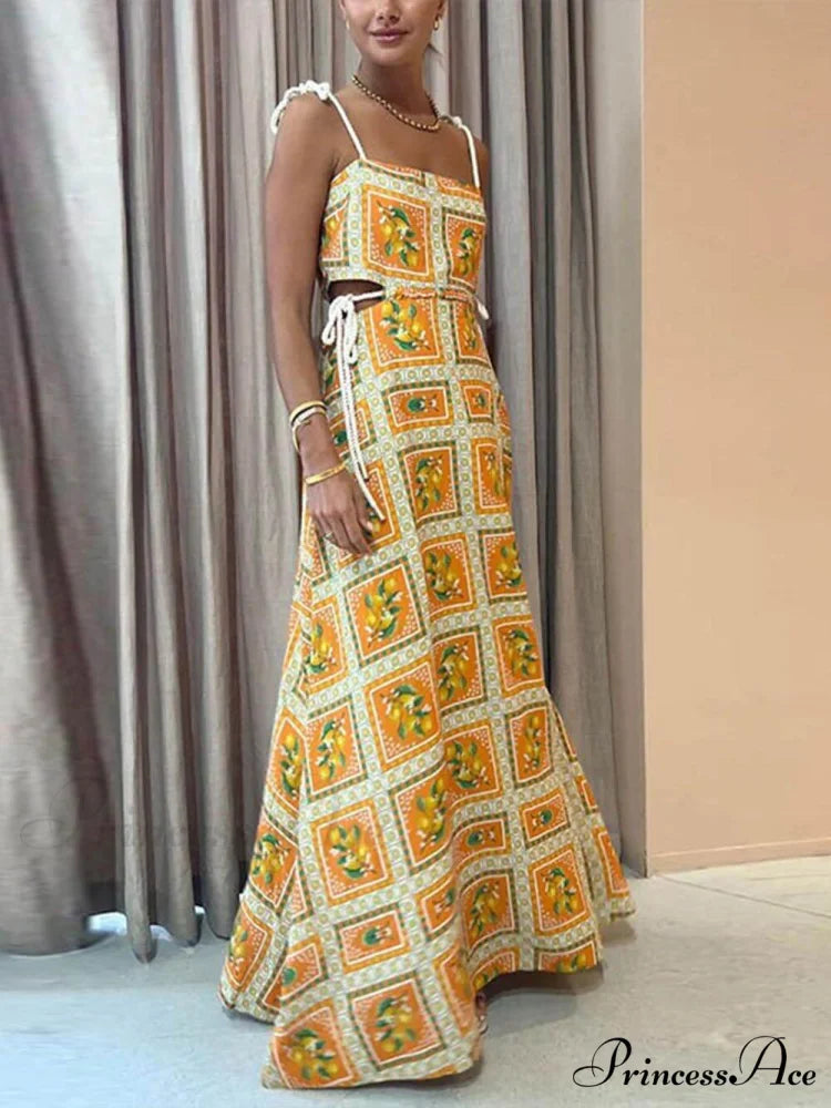 Unique Lemon Stylish Print Strappy Dress