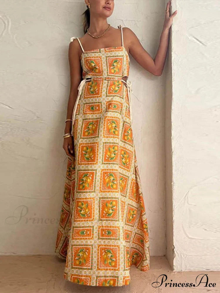 Unique Lemon Stylish Print Strappy Dress