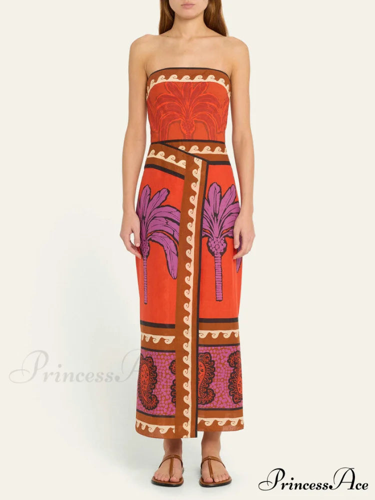 Unique Palm Tree Charming Floral Off-Shoulder Midi Dress