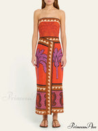 Unique Palm Tree Charming Floral Off-Shoulder Midi Dress