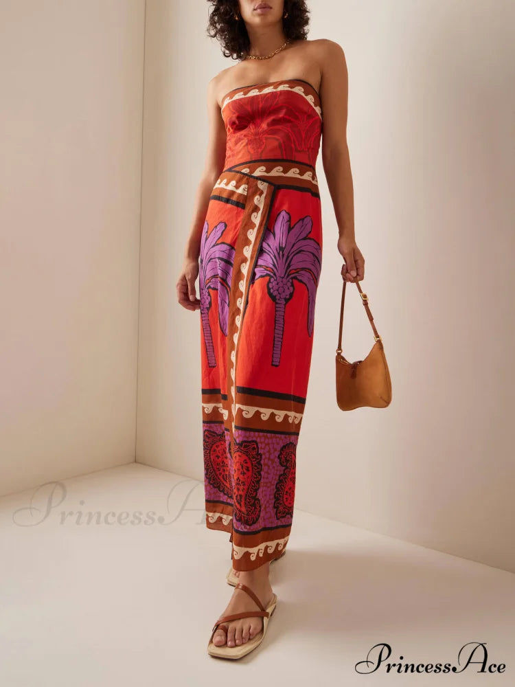 Unique Palm Tree Charming Floral Off-Shoulder Midi Dress