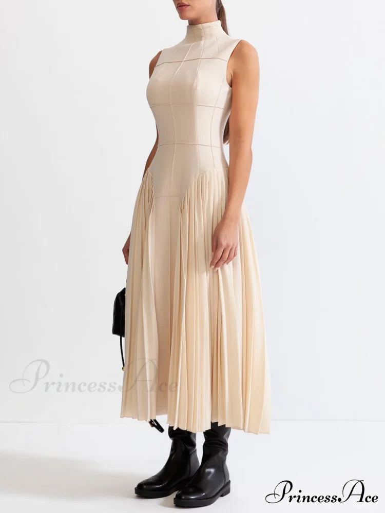 Unique Pleated Paneled Charming Sleeveless Midi Dress