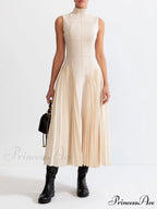 Unique Pleated Paneled Charming Sleeveless Midi Dress
