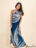 Unique Polka Dot Print Graceful One Shoulder Pocketed Maxi Dress