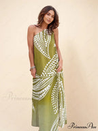Unique Polka Dot Print Graceful One Shoulder Pocketed Maxi Dress