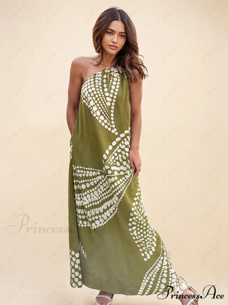 Unique Polka Dot Print Graceful One Shoulder Pocketed Maxi Dress