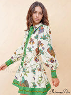 Unique Print Color Match Graceful Balloon Sleeve Shirt Mini Dress