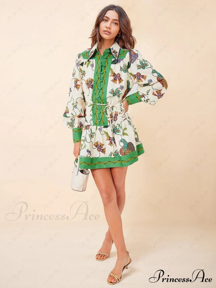Unique Print Color Match Graceful Balloon Sleeve Shirt Mini Dress