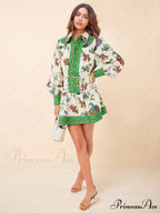 Unique Print Color Match Graceful Balloon Sleeve Shirt Mini Dress