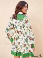 Unique Print Color Match Graceful Balloon Sleeve Shirt Mini Dress