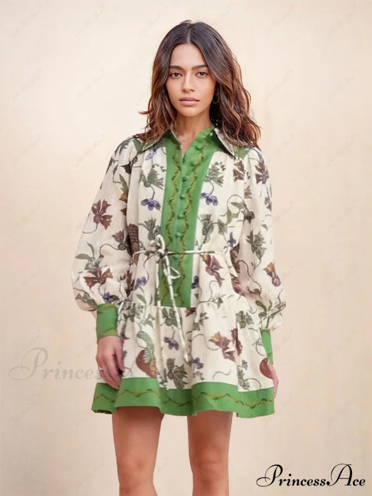 Unique Print Color Match Graceful Balloon Sleeve Shirt Mini Dress