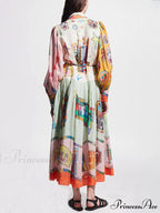 Unique Print Colorblock Balloon Graceful Sleeve Belt Shirt Midi Dress