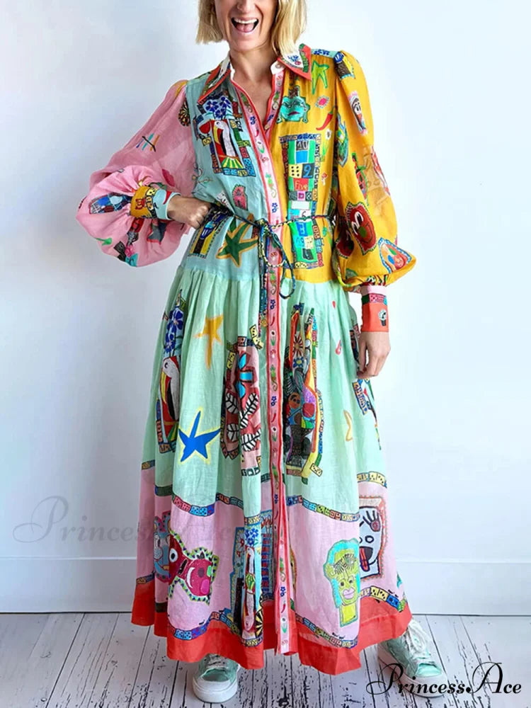 Unique Print Colorblock Balloon Graceful Sleeve Belt Shirt Midi Dress