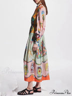 Unique Print Colorblock Balloon Graceful Sleeve Belt Shirt Midi Dress