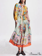 Unique Print Colorblock Balloon Graceful Sleeve Belt Shirt Midi Dress