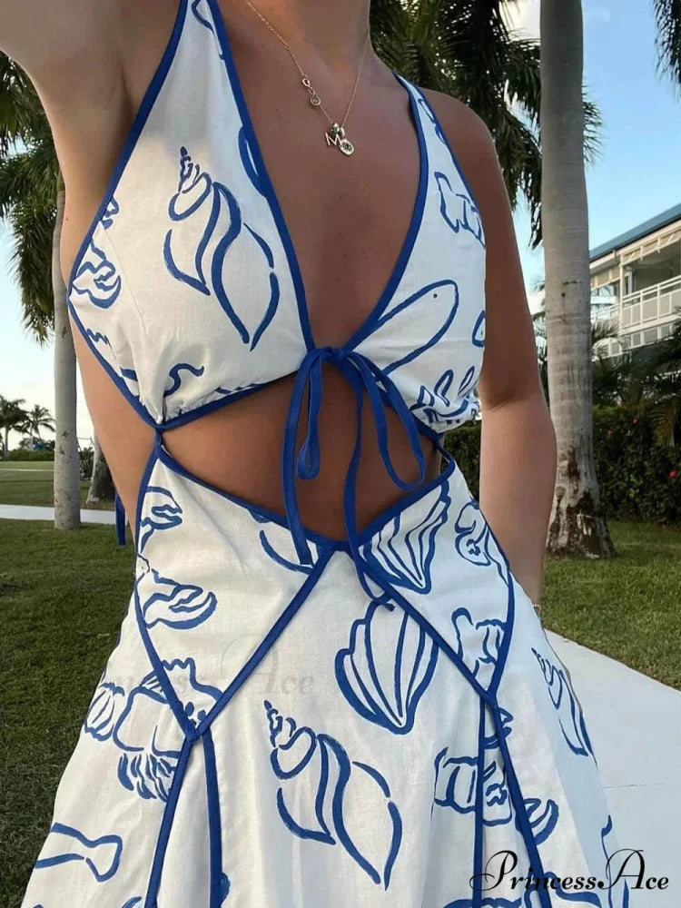 Unique Print Cutout Charming Tie-Up Backless Maxi Dress