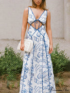 Unique Print Cutout Charming Tie-Up Backless Maxi Dress