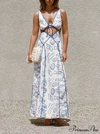 Unique Print Cutout Charming Tie-Up Backless Maxi Dress
