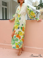 Unique Print Lantern Sleeve Graceful Cream Cardigan Style Shirt Dress