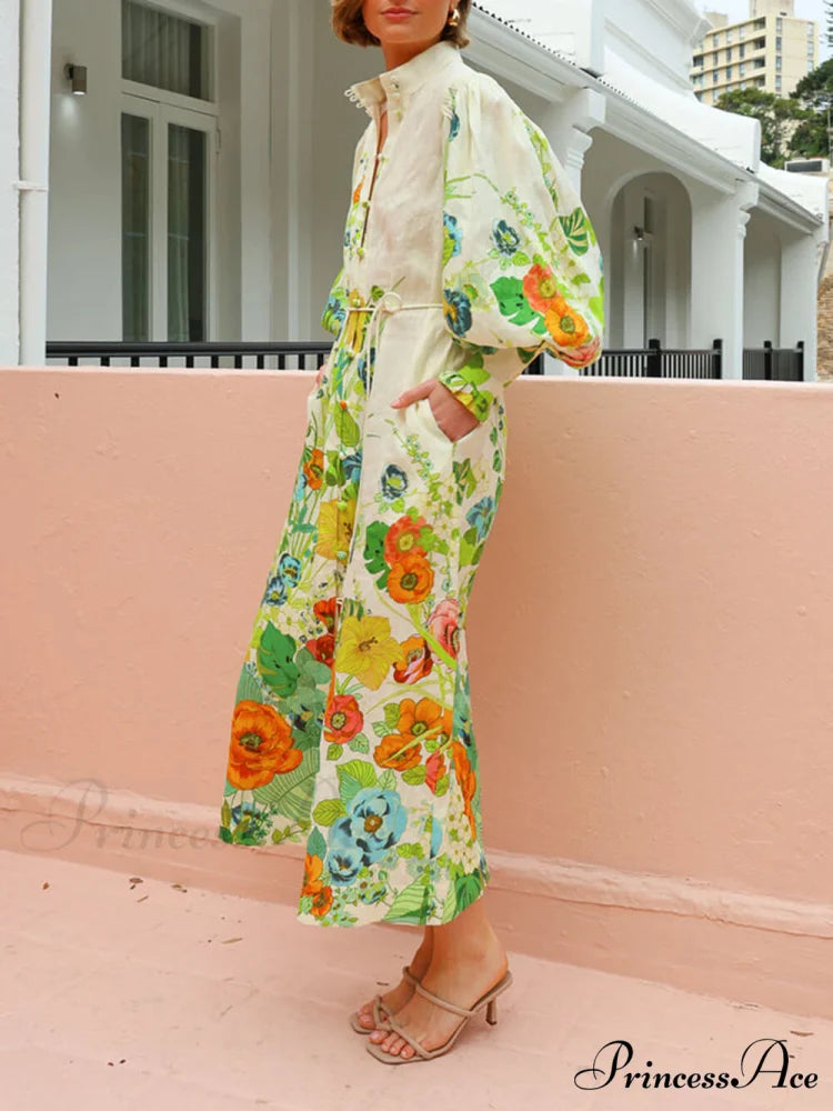 Unique Print Lantern Sleeve Graceful Cream Cardigan Style Shirt Dress