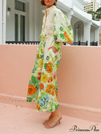 Unique Print Lantern Sleeve Graceful Cream Cardigan Style Shirt Dress