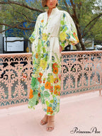 Unique Print Lantern Sleeve Graceful Cream Cardigan Style Shirt Dress