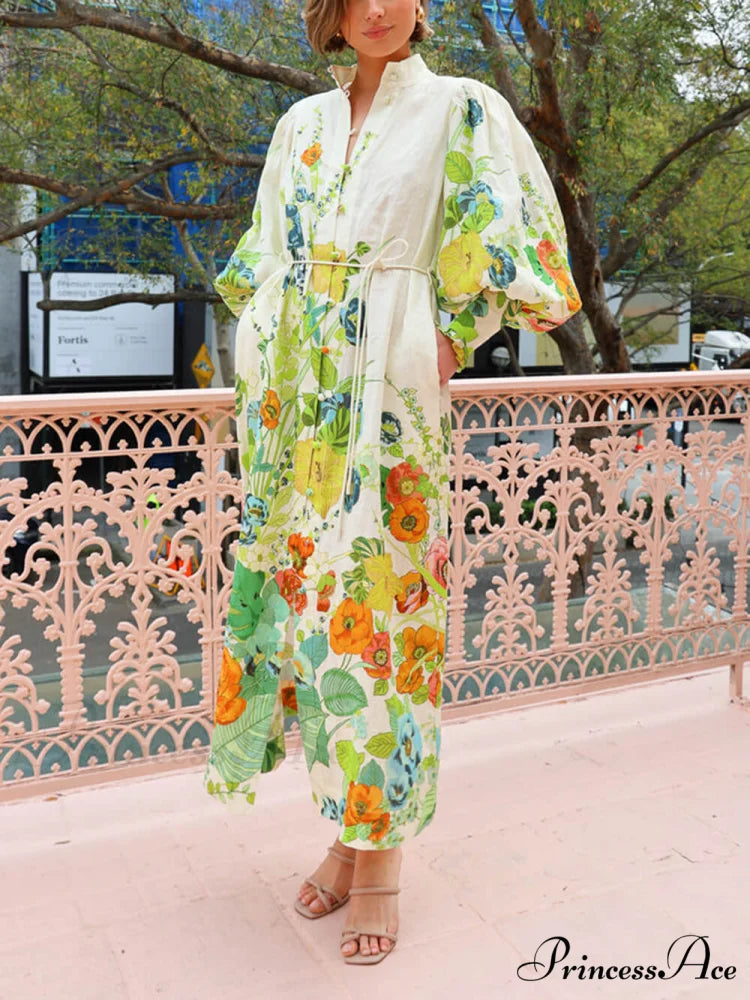 Unique Print Lantern Sleeve Graceful Cream Cardigan Style Shirt Dress