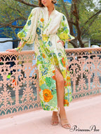 Unique Print Lantern Sleeve Graceful Cream Cardigan Style Shirt Dress