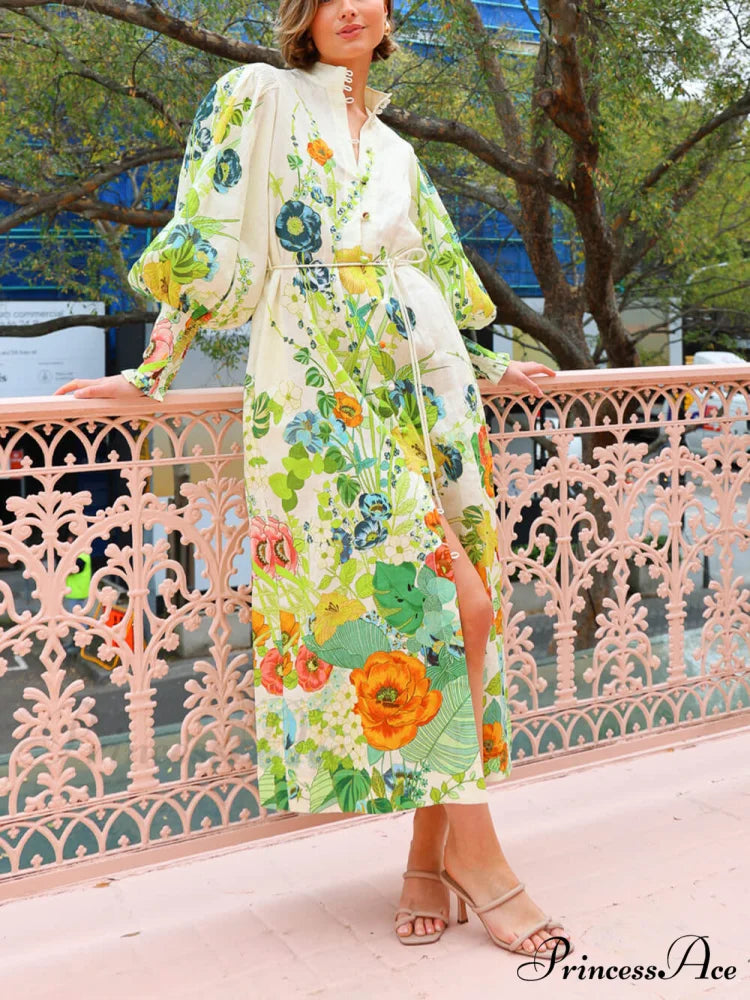 Unique Print Lantern Sleeve Graceful Cream Cardigan Style Shirt Dress