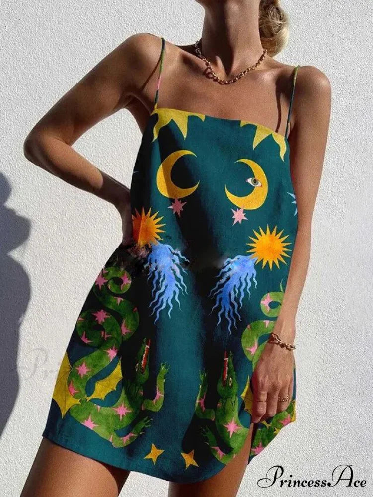 Unique Printed Spaghetti Charming Strap Backless Mini Dress