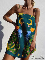 Unique Printed Spaghetti Charming Strap Backless Mini Dress