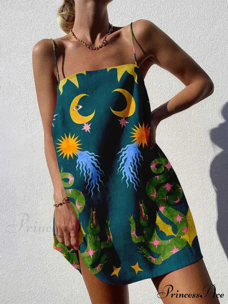 Unique Printed Spaghetti Charming Strap Backless Mini Dress