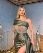 Unique Prom One Long Sleeve Mermaid Appliques Side Slit Evening Dress