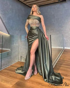 Unique Prom One Long Sleeve Mermaid Appliques Side Slit Evening Dress