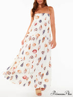 Unique Shell Conch Print Graceful Pleated Pockets Lightweight Maxi Dress