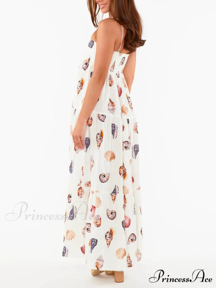 Unique Shell Conch Print Graceful Pleated Pockets Lightweight Maxi Dress