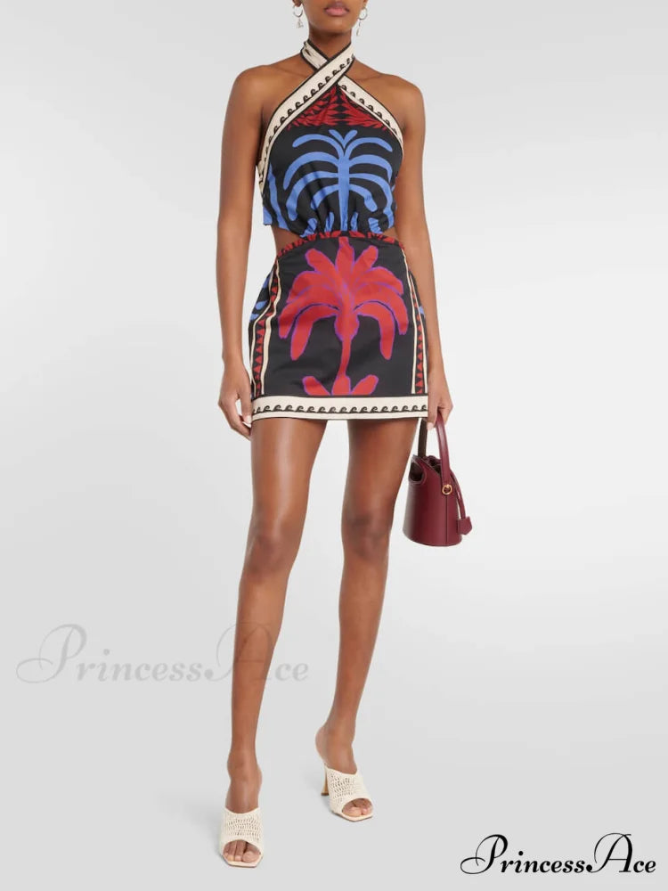 Unique Summer Print Charming Halter Neck Mini Dress