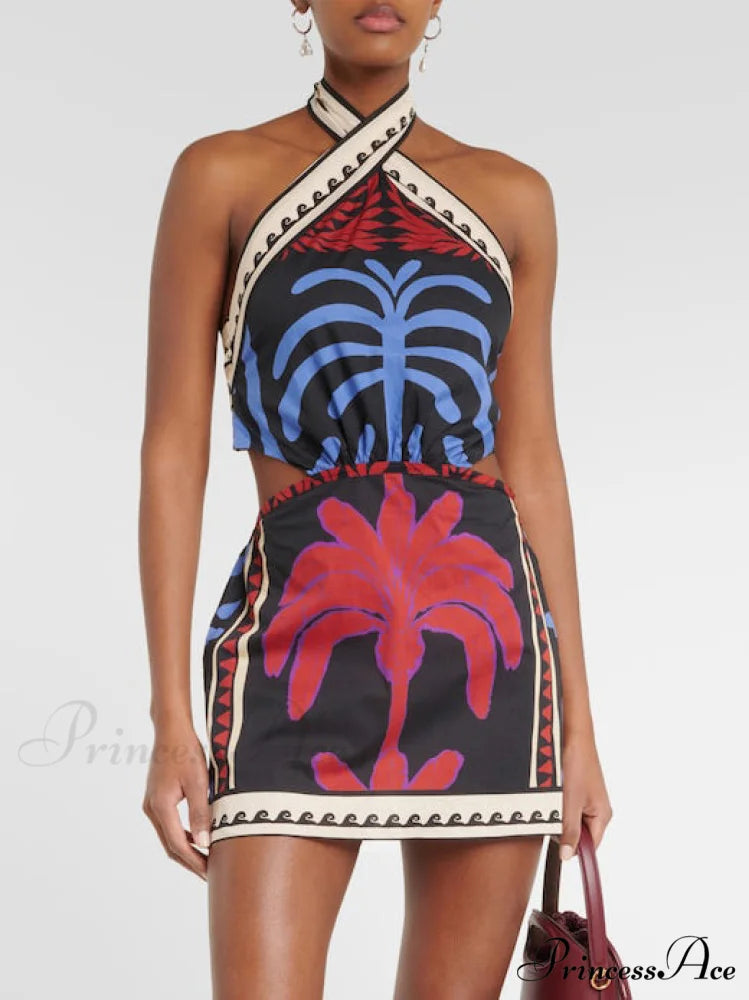 Unique Summer Print Charming Halter Neck Mini Dress