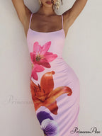 Unique Violet Floral Charming Print Strap Midi Dress