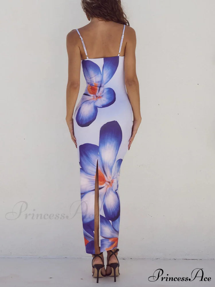 Unique Violet Floral Charming Print Strap Midi Dress