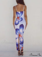 Unique Violet Floral Charming Print Strap Midi Dress